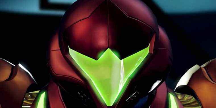 Image from Metroid Dread showing a close-up of Samus wearing her helmet.