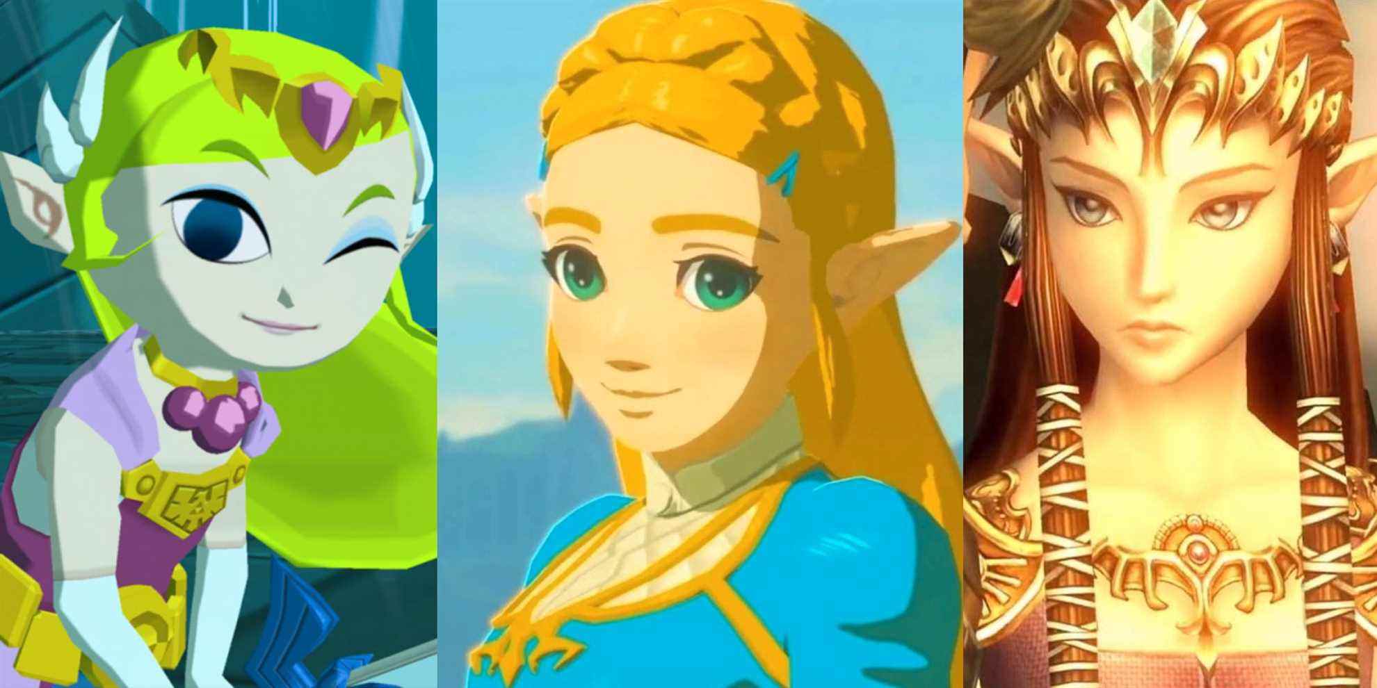 Zelda winking while holding the Master Sword in Wind Waker; Zelda in her research attire from BOTW; Zelda standing next to Link in Twilight Princess