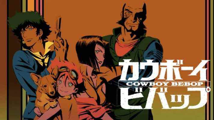 Le casting principal de Cowboy Bebop sur une affiche minimaliste d'inspiration rétro