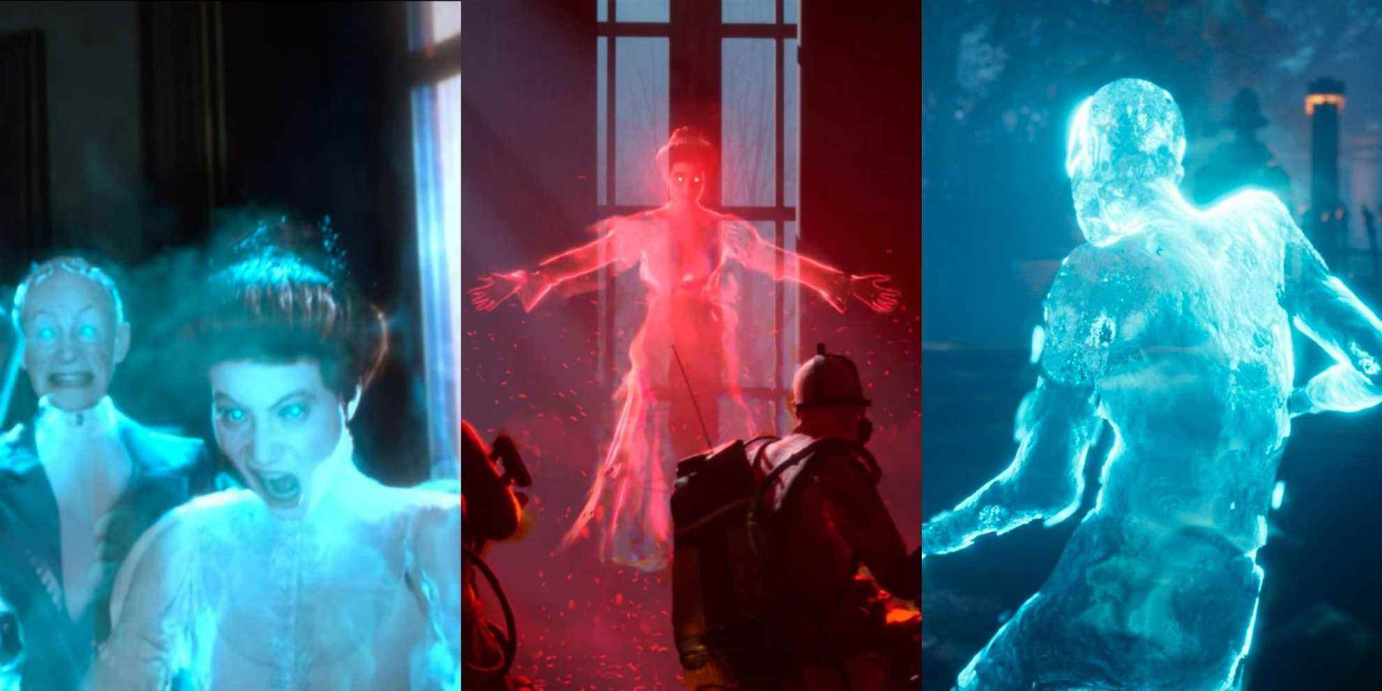 two ghostly blue figures, a spooky ethereal red ghost alongside hunters and a haunting specter in midnight ghost hunt featured