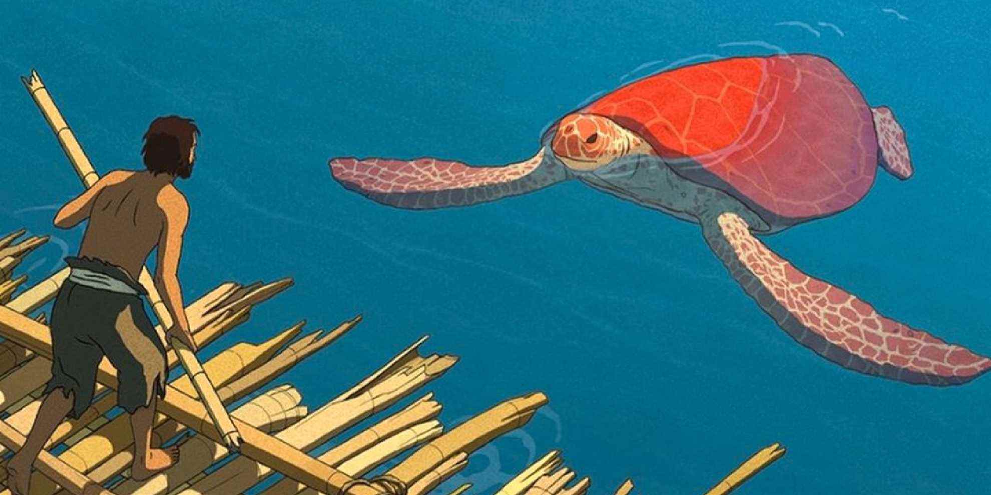 L'homme et la tortue rouge dans l'affiche de La Tortue rouge