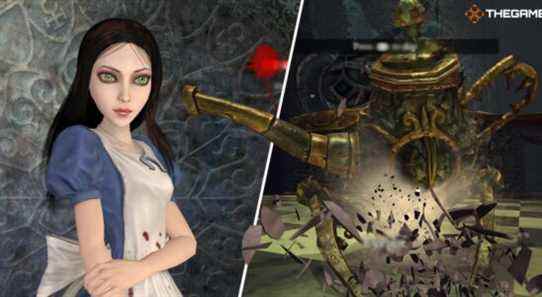 [Left Panel] Alice Lidell solemnly stands against an embossed grey wall in the main menu. [Right Panel] An eyepot smashes into the floor of the Mad Hatter's empire. Alice: Madness Returns.