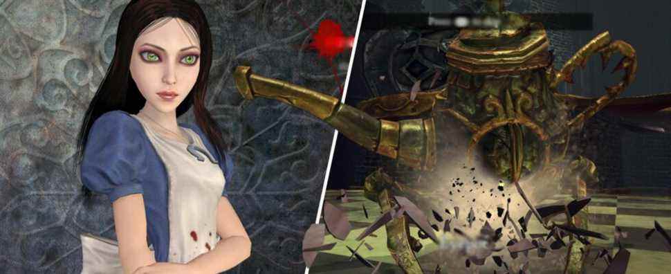 [Left Panel] Alice Lidell solemnly stands against an embossed grey wall in the main menu. [Right Panel] An eyepot smashes into the floor of the Mad Hatter's empire. Alice: Madness Returns.