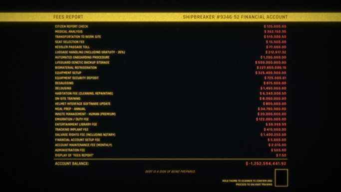 Une liste énorme montre les frais et les coûts qui ont endetté le démolisseur envers Lynx dans Hardspace: Shipbreaker