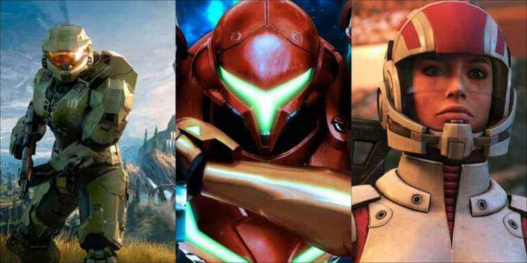 Master Chief, Samus Aran, and Ashley Williams, space marines from various games