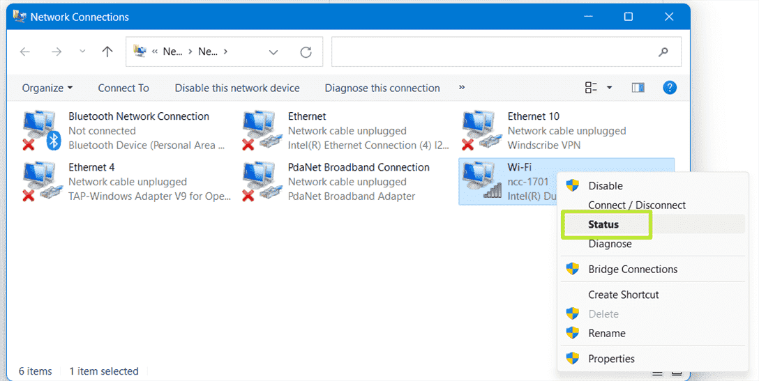 Sélectionnez État sous Connexion Wi-Fi