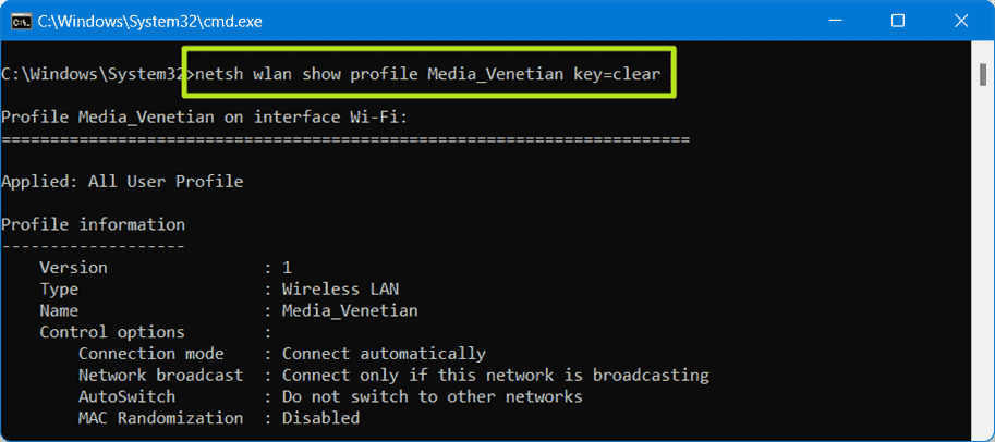 Entrez netsh wlan afficher le profil [Network name] clé=effacer