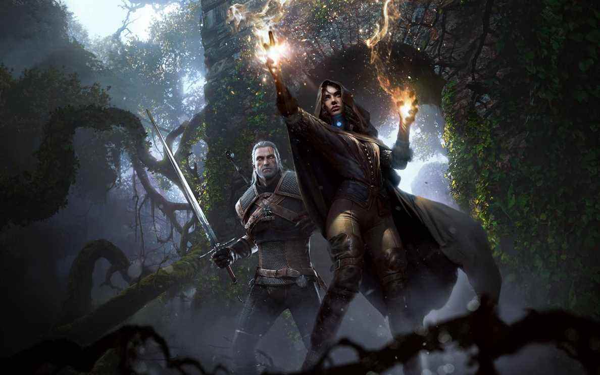 Yennefer jette un sort devant Geralt dans une illustration de The Witcher 3