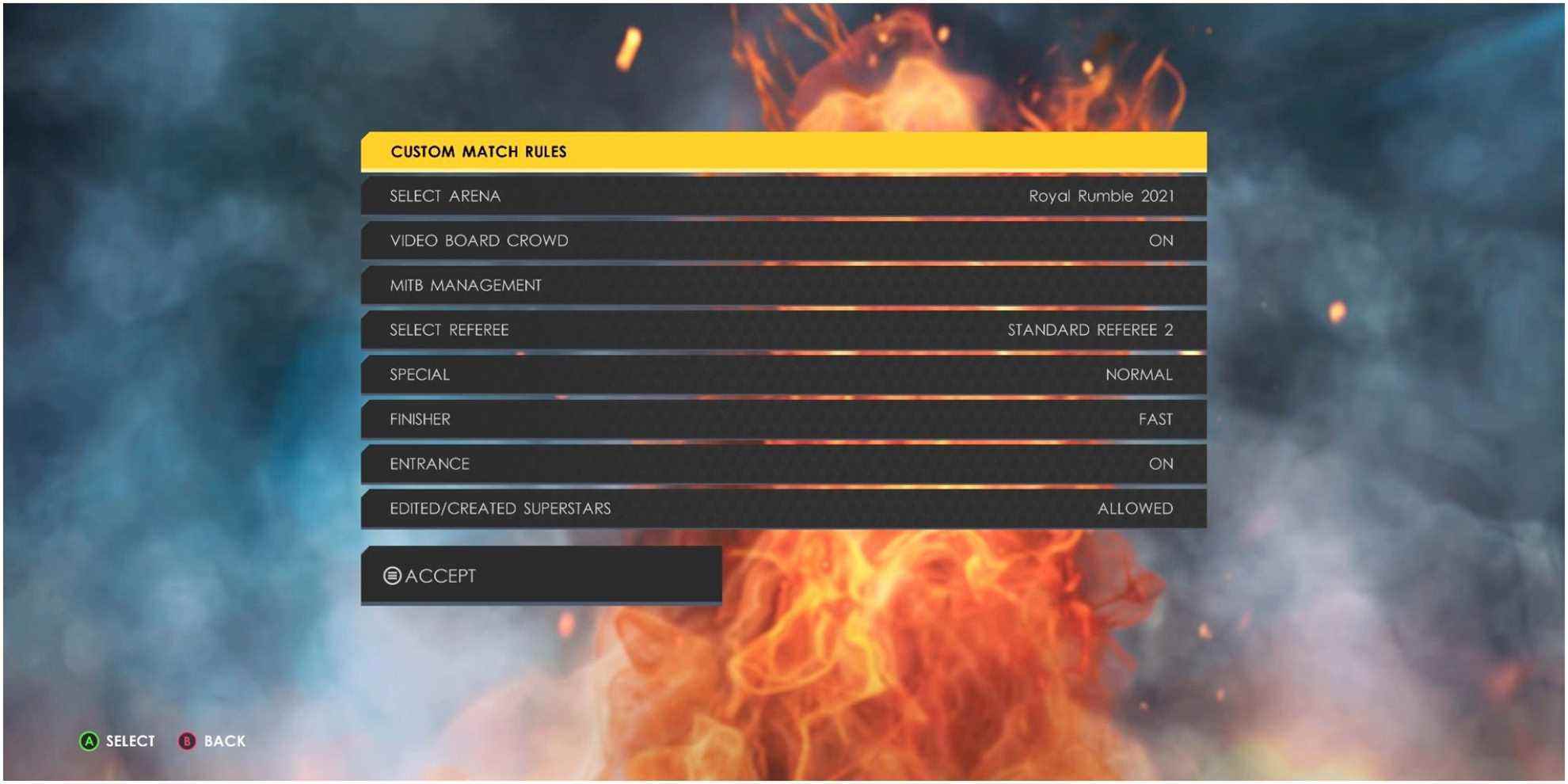 Menu des règles de match personnalisées WWE 2k22