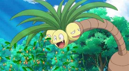 An Alolan Exeggutor bending down to eat some berries in the Pokemon anime