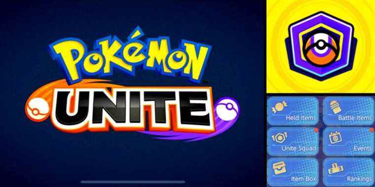 Pokemon Unite Title screen, Unite Squad logo, and Player Menu screen