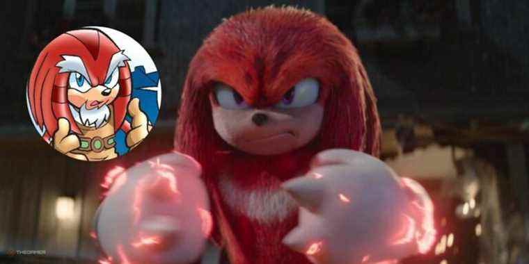 Knuckles as he appears in the second Sonic movie. Next to an image of his father from the comic's Locke.