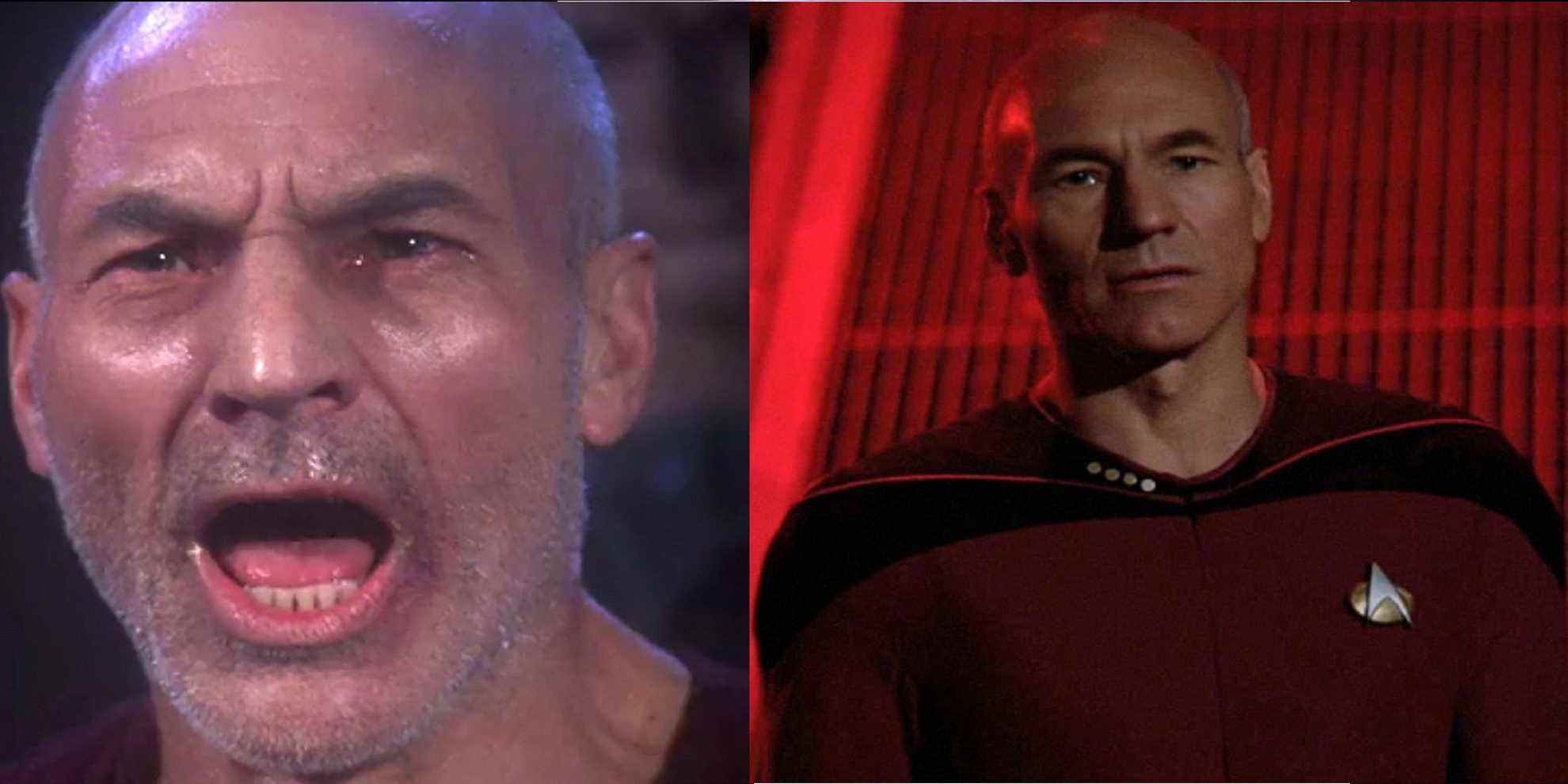 split image featuring picard shouting and captain picard with pensive face