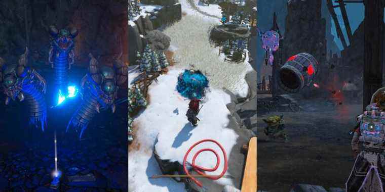 a three-headed hydra crackling with blue electricity; a player character with red hair standing in snow with a blue smoke cloud in front of him; a player character watches a barrel with a red heart on the side fly through the air