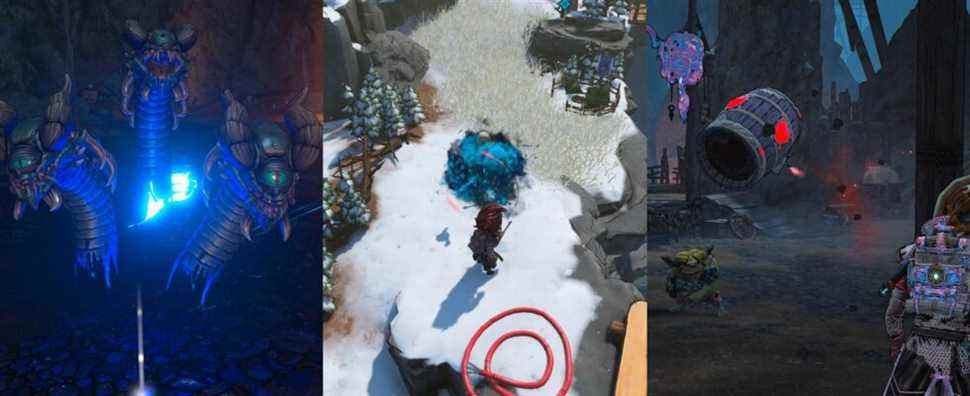 a three-headed hydra crackling with blue electricity; a player character with red hair standing in snow with a blue smoke cloud in front of him; a player character watches a barrel with a red heart on the side fly through the air