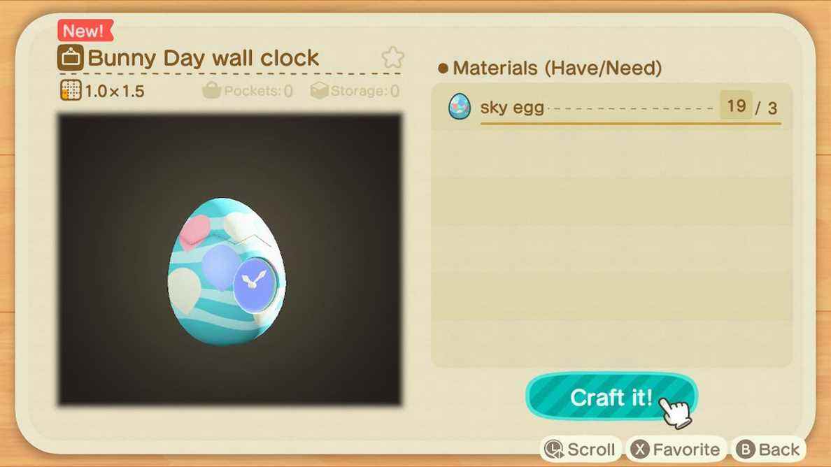 Un écran d'artisanat dans Animal Crossing montrant comment fabriquer une horloge murale Bunn Day