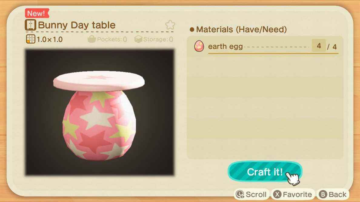 Un écran de fabrication dans Animal Crossing montrant comment créer une table Bunny Day