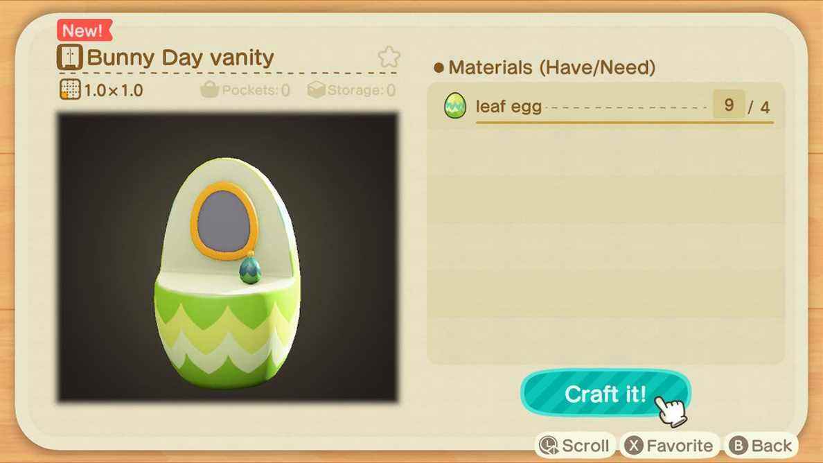 Un écran de fabrication dans Animal Crossing montrant comment créer une vanité Bunny Day