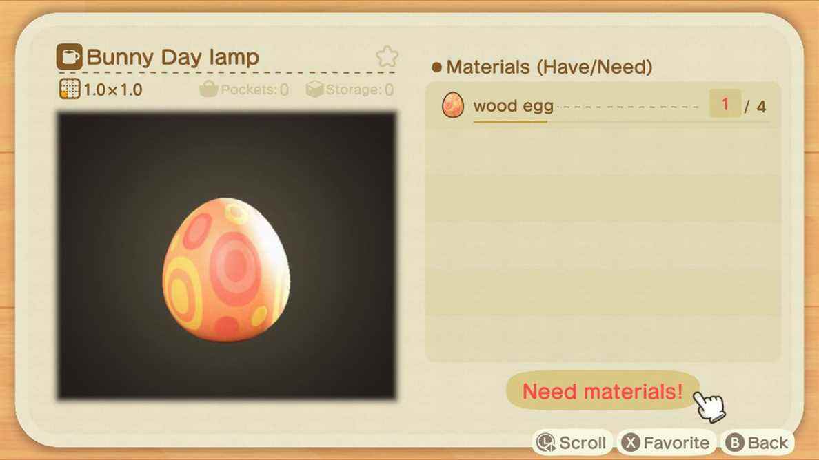 Un écran d'artisanat dans Animal Crossing montrant comment fabriquer une lampe de jour Bunny