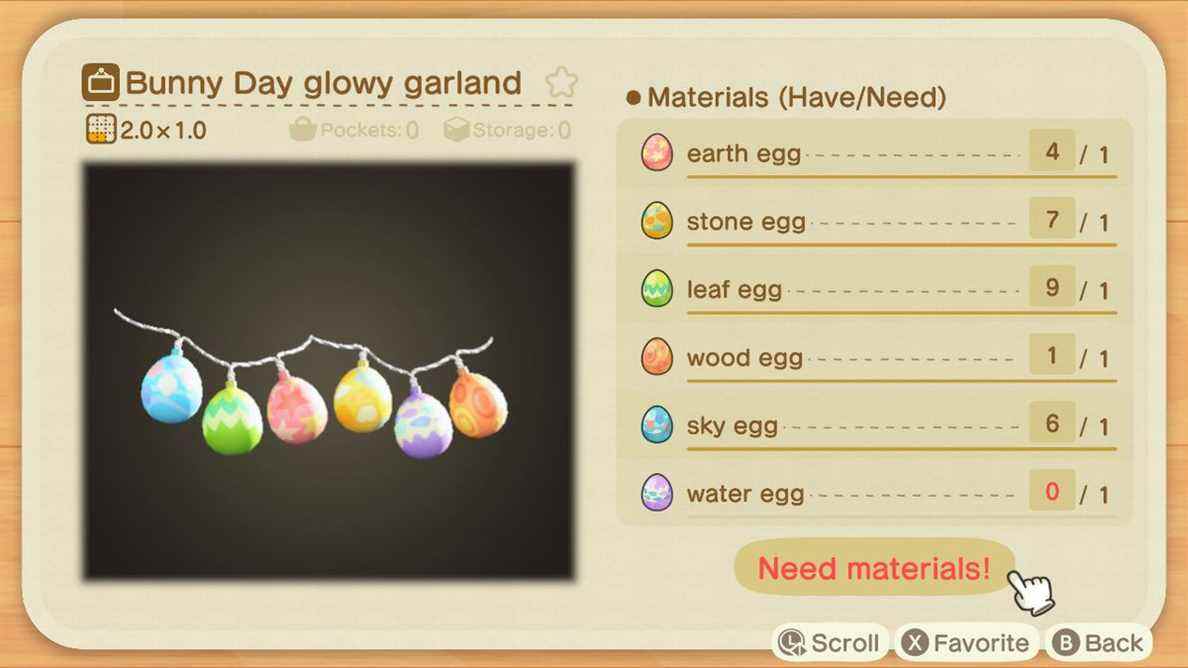 Un écran d'artisanat dans Animal Crossing montrant comment créer une guirlande lumineuse Bunny Day