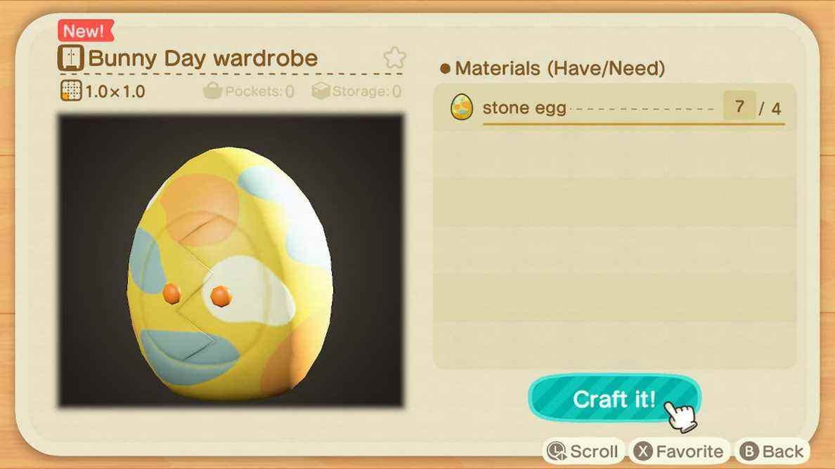 Un écran de fabrication dans Animal Crossing montrant comment fabriquer une garde-robe Bunny Day