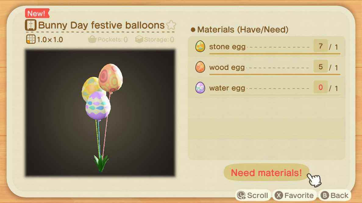 Un écran d'artisanat dans Animal Crossing montrant comment fabriquer des ballons festifs Bunny Day