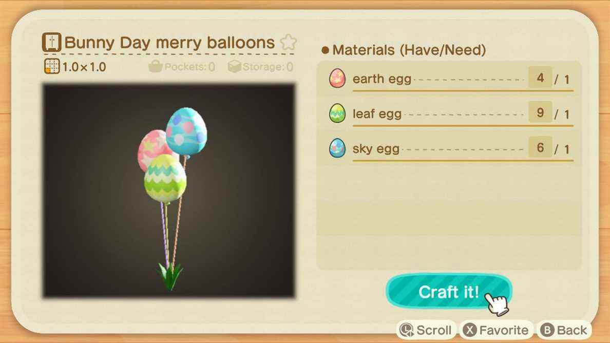 Un écran d'artisanat dans Animal Crossing montrant comment fabriquer des ballons joyeux de Bunny Day