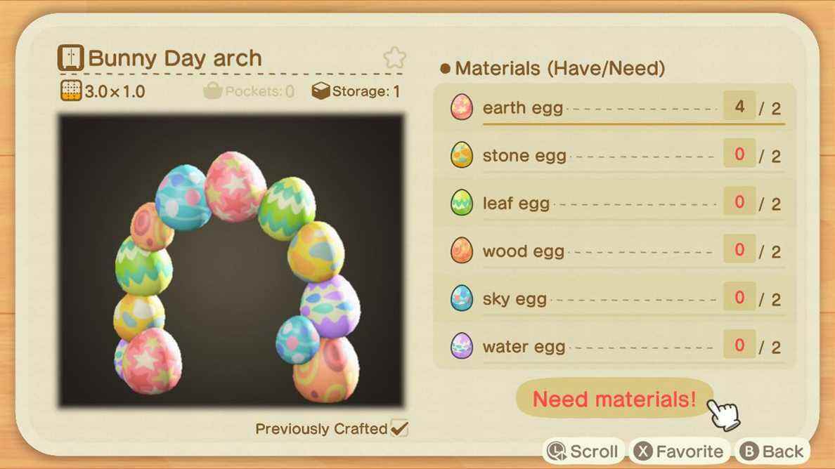 Un écran de fabrication dans Animal Crossing montrant comment créer Bunny Day Arch