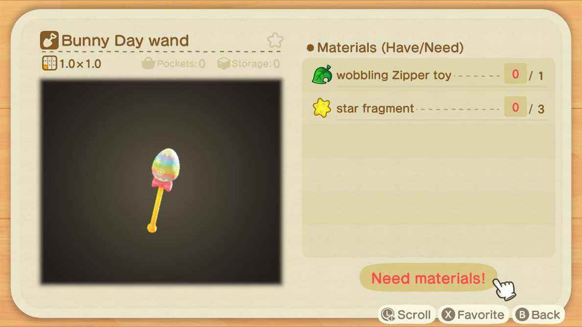 Un écran de fabrication dans Animal Crossing montrant comment fabriquer une baguette magique Bunny Day