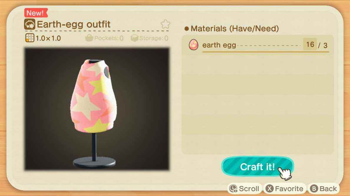 Un écran de fabrication dans Animal Crossing montrant comment créer une tenue en œuf de terre