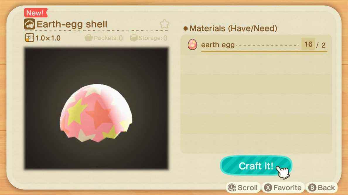 Un écran de fabrication dans Animal Crossing montrant comment fabriquer une coquille d'œuf de terre