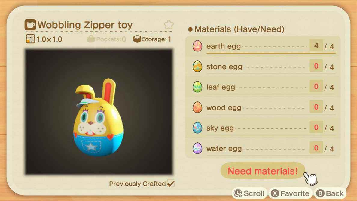 Un écran de fabrication dans Animal Crossing montrant comment fabriquer un jouet Wobbling Zipper