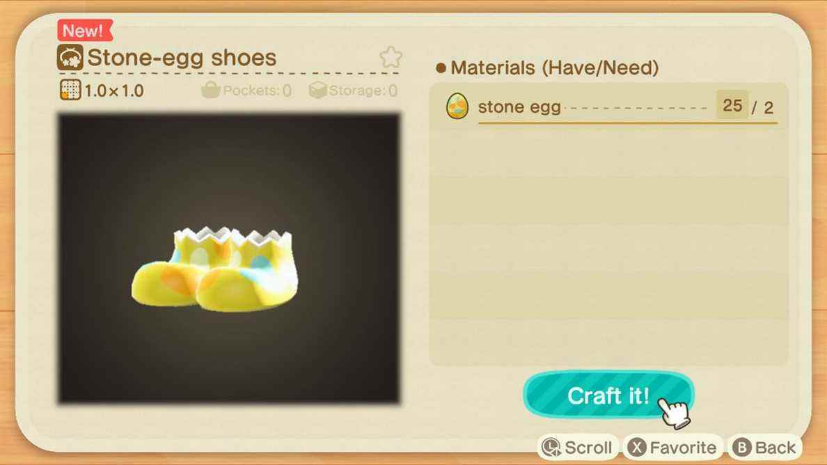 Un écran de fabrication dans Animal Crossing montrant comment fabriquer des chaussures Stone-Egg