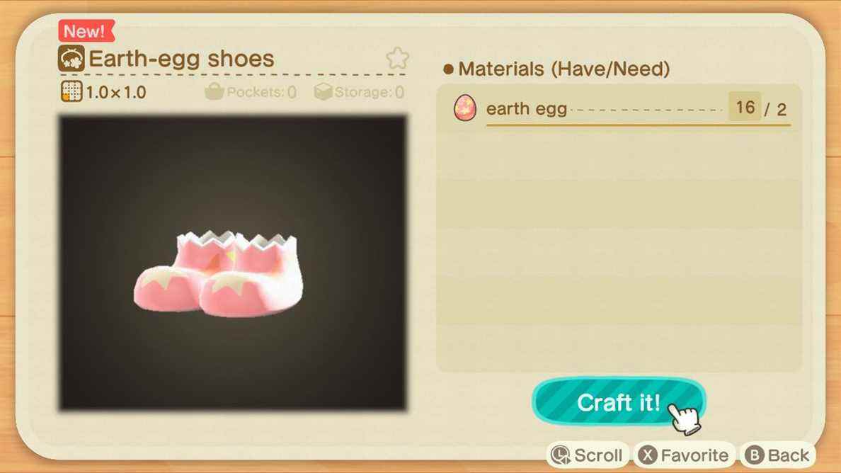 Un écran de fabrication dans Animal Crossing montrant comment fabriquer des chaussures Earth-Egg