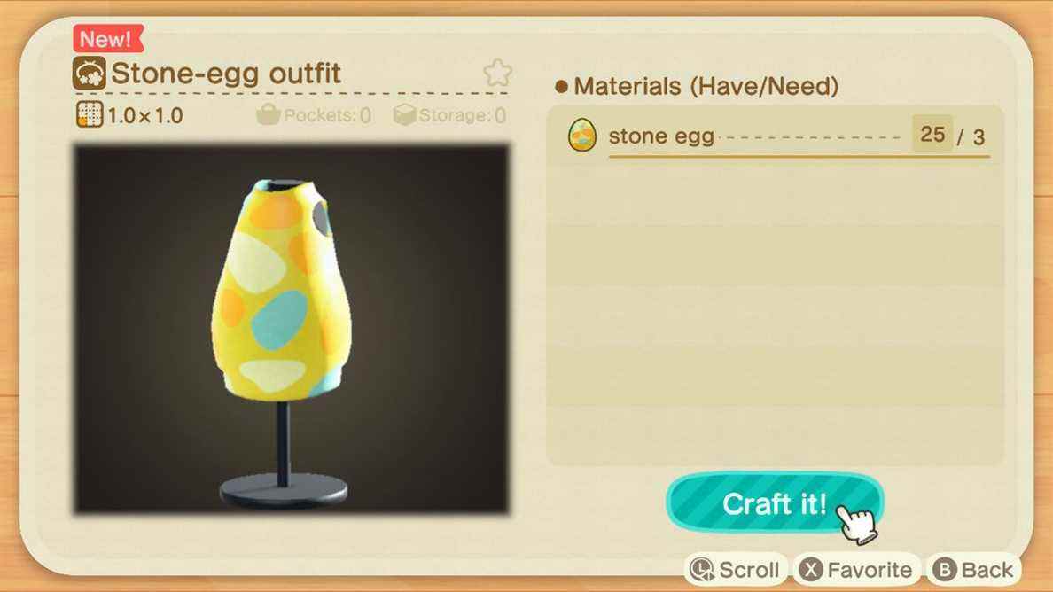 Un écran de fabrication dans Animal Crossing montrant comment créer une tenue Stone-Egg