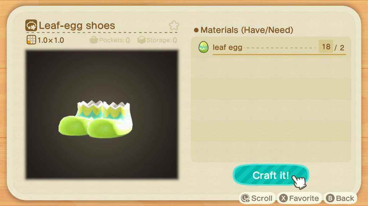 Un écran de fabrication dans Animal Crossing montrant comment fabriquer des chaussures Leaf-Egg