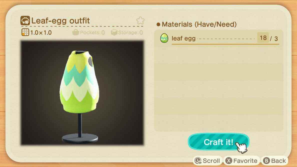 Un écran de fabrication dans Animal Crossing montrant comment créer une tenue Leaf-Egg