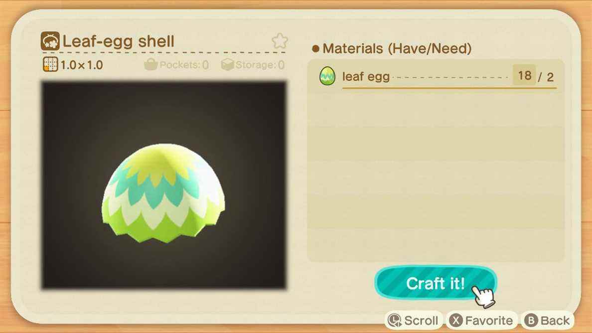 Un écran d'artisanat dans Animal Crossing montrant comment fabriquer une coquille d'œuf en feuille