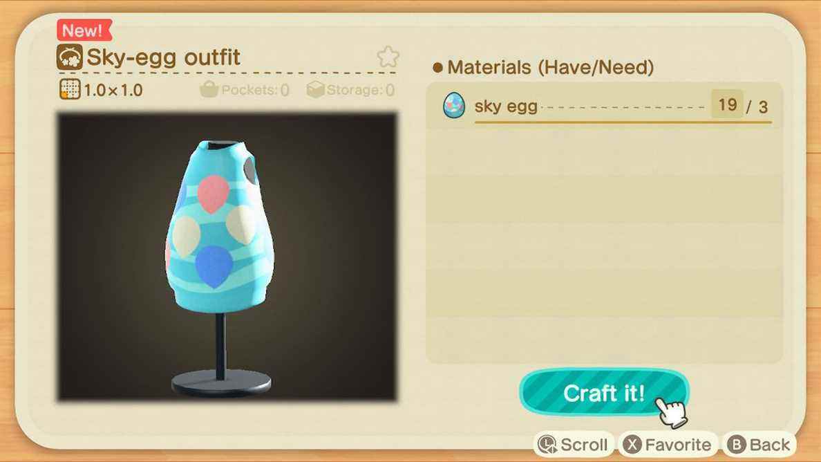 Un écran de fabrication dans Animal Crossing montrant comment créer une tenue Sky-Egg