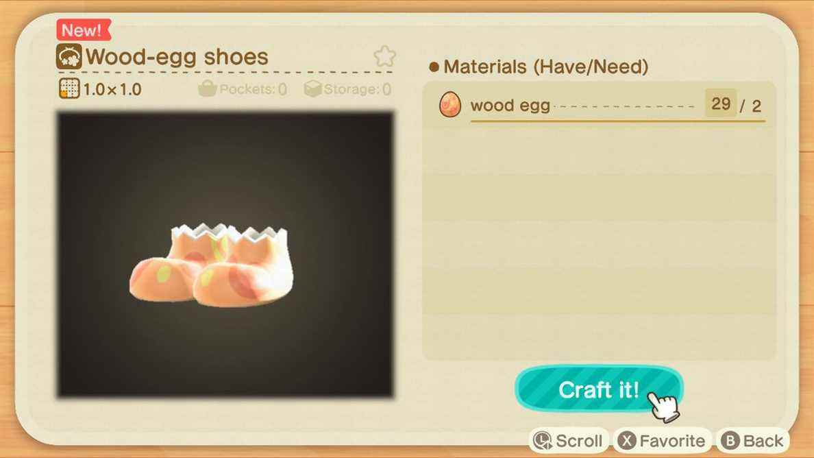 Un écran de fabrication dans Animal Crossing montrant comment fabriquer des chaussures en œuf de bois