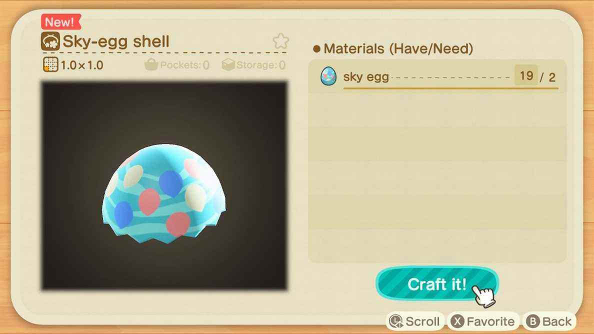 Un écran de fabrication dans Animal Crossing montrant comment fabriquer une coquille d'œuf céleste