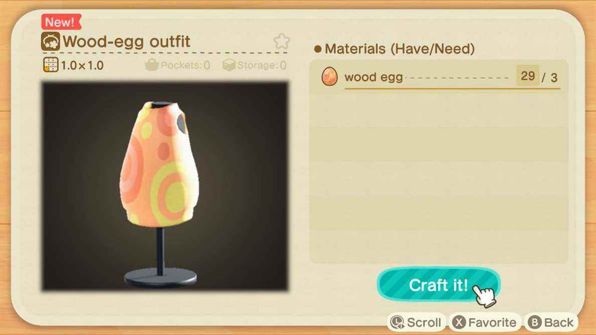 Un écran de fabrication dans Animal Crossing montrant comment créer une tenue en œuf de bois