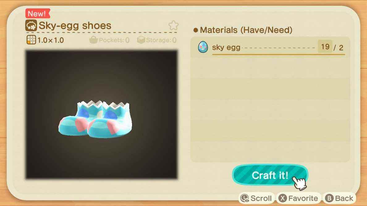 Un écran de fabrication dans Animal Crossing montrant comment fabriquer des chaussures Sky-Egg