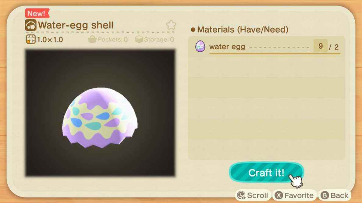 Un écran d'artisanat dans Animal Crossing montrant comment fabriquer une coquille d'œuf d'eau