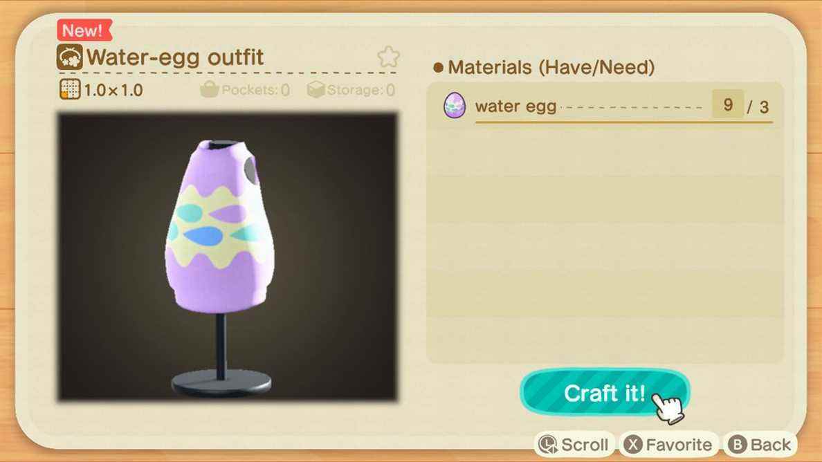 Un écran de fabrication dans Animal Crossing montrant comment créer une tenue Water-Egg