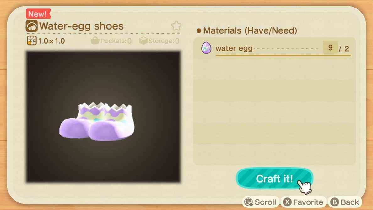 Un écran de fabrication dans Animal Crossing montrant comment fabriquer des chaussures Water-Egg