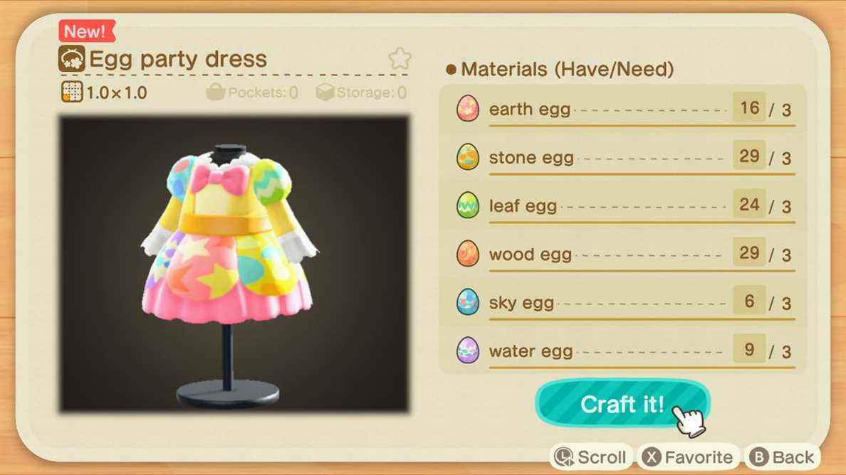 Un écran de fabrication dans Animal Crossing montrant comment fabriquer une robe de soirée à œufs