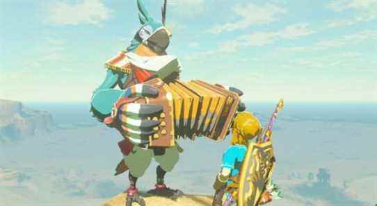 Kass and Link speaking on a mountain over the Gerudo Desert in The Legend of Zelda: Breath of the Wild