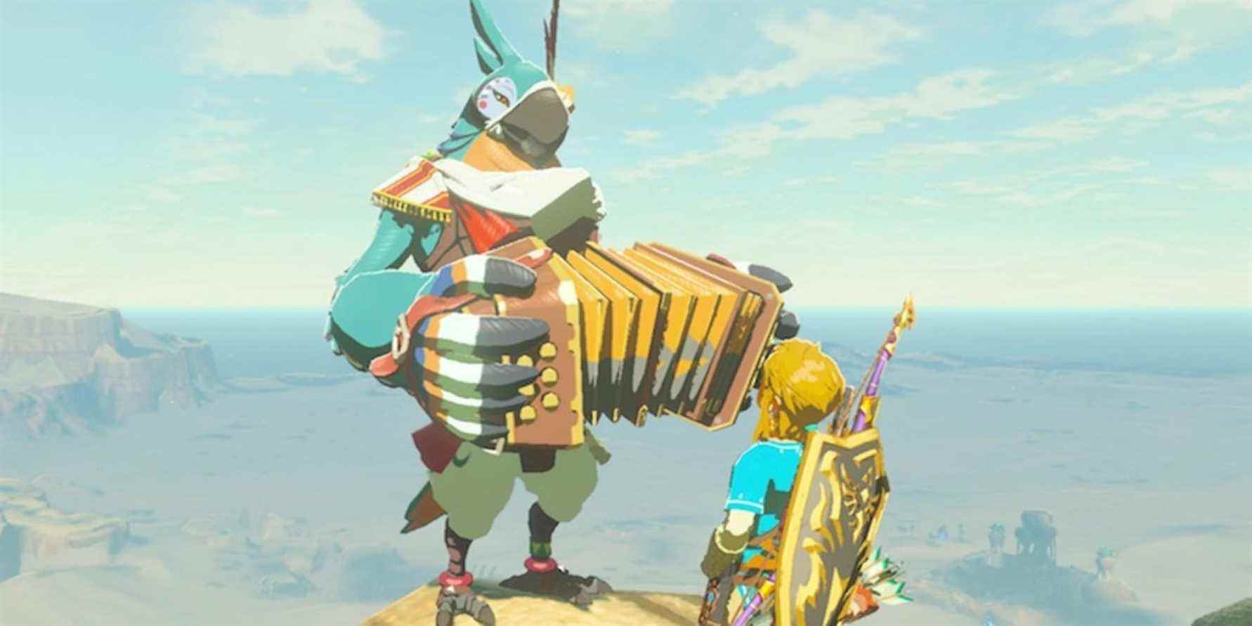 Kass and Link speaking on a mountain over the Gerudo Desert in The Legend of Zelda: Breath of the Wild