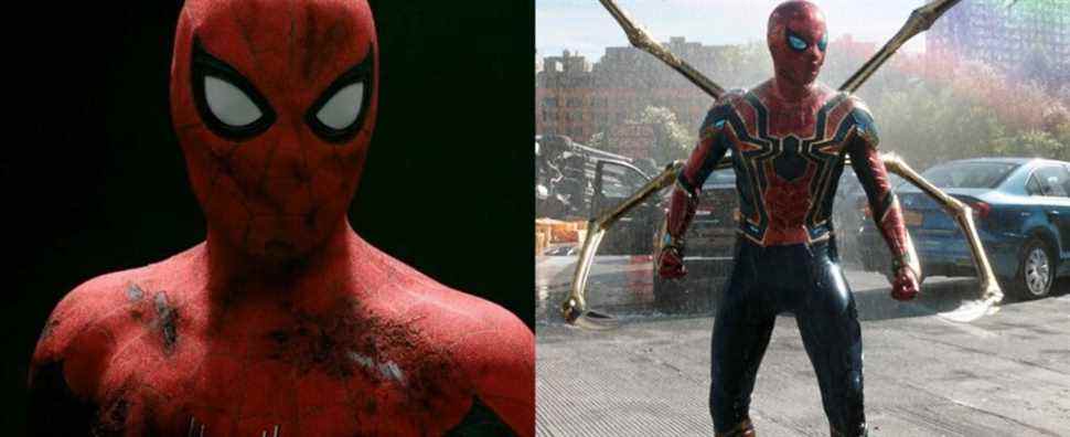 Split image of Tom Holland as Spider-Man in Far From Home and No Way Home